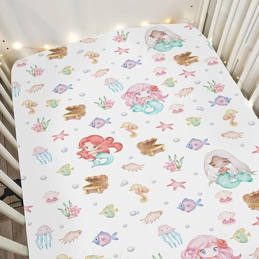 Cute Mermaids Baby Crib Sheets for Boy Girl 28"x52" Mystical Mermaids Fishes Sea Horse Jellyfish Soft Snug Fitted Crib Mattress Cover Ocean Animals Baby Sheet for Standard Crib & Toddler Bed Mattress