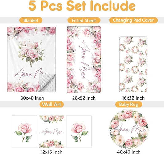 Custom Crib Bedding Set - 5 Pcs Personalized Name Pink Flowers Baby Crib Set for Infant Toddler Girl - Comfortable Double Layer Nursery Bedding Set - Customized Present for Birthday Baby Shower