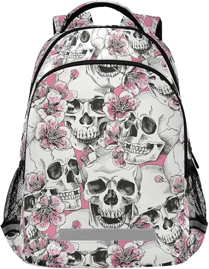 MNSRUU School Backpack with Chest Strap, Halloween Skull Flowers And Pink Cherries Laptop Backpack, Travel Hiking Backpack for Boys Girls, Rucksack, Knapsack