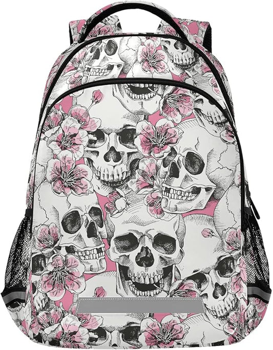 MNSRUU School Backpack with Chest Strap, Halloween Skull Flowers And Pink Cherries Laptop Backpack, Travel Hiking Backpack for Boys Girls, Rucksack, Knapsack