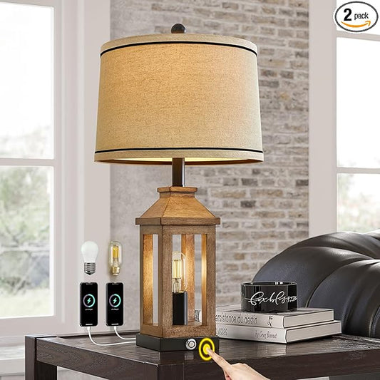 G-SAFAVA 23.75" Farmhouse Table Lamps USB A+C Charging Ports 3-Way Dimmable Touch Control Lamp Nightlight Vintage Modern Lamp for Living Room Bedroom with 2 Light Sources