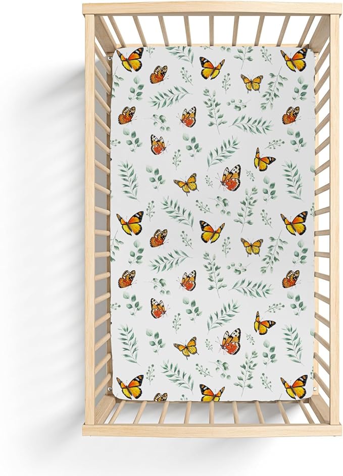 Butterflies Green Leaves Baby Crib Sheets for Boy Girl 52x28Inch Spring Garden Soft Stretchy Fitted Crib Mattress Cover Boho Greenery Nursery Baby Sheet for Crib & Toddler Bed Mattresses