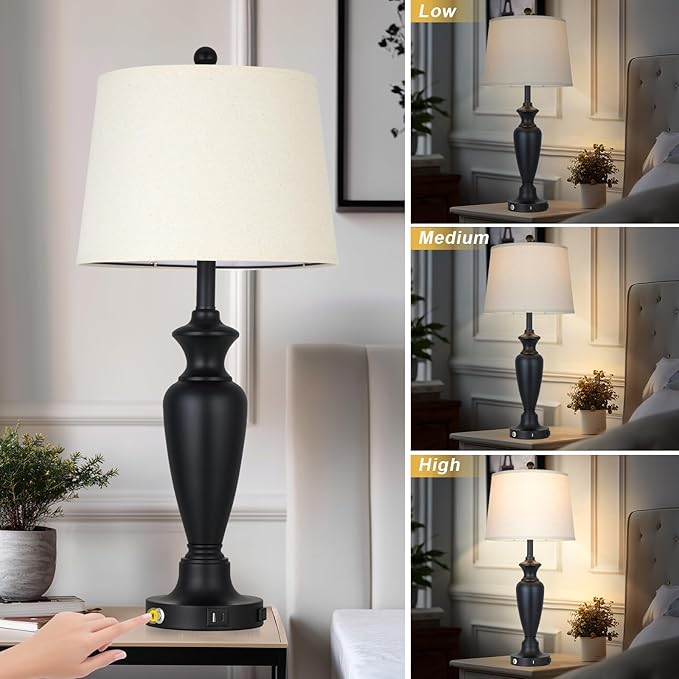 luxeflow Black Table Lamp for Living Room Single, 30″ Tall Touch Control Bedside Lamp for Bedroom, 3-Way Dimmable Nightstand Lamp with USB A+C Ports and AC Outlet (1 Pack)