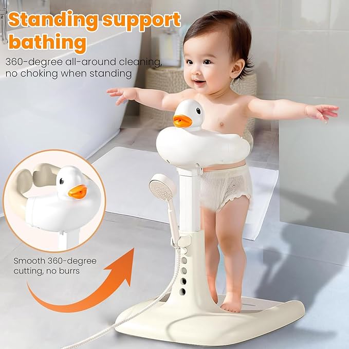 Adjustable Height Baby Shower Stand with Anti-Slip Base - Portable Bath Helper for Infants & Toddlers (8-36 Months), Safe Standing Bath Support & Tub Assistant Grey Bear