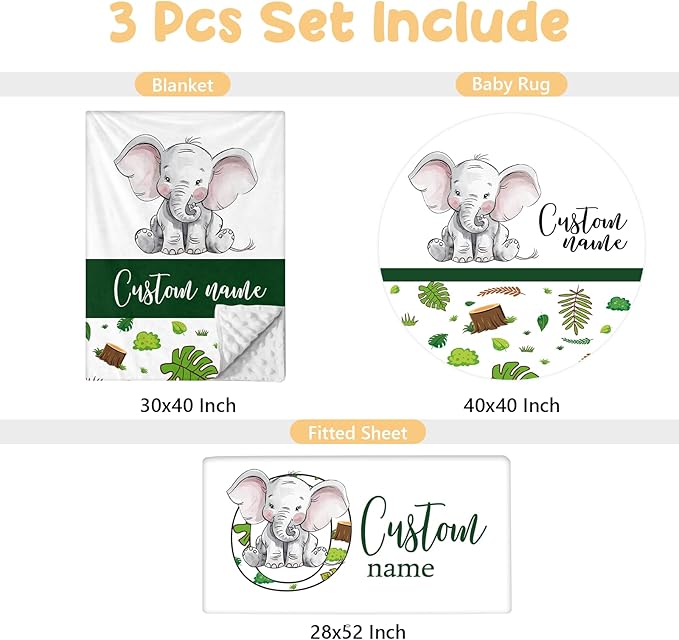 Personalized Baby Bedding Set, 3 Pcs Custom Name Crib Bedding Set for Nursery, Soft Double Layer Baby Crib Set for Boys Girls, Customized Gifts for New Parents Toddler Infant, Green Elephant