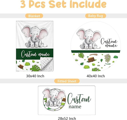 Personalized Baby Bedding Set, 3 Pcs Custom Name Crib Bedding Set for Nursery, Soft Double Layer Baby Crib Set for Boys Girls, Customized Gifts for New Parents Toddler Infant, Green Elephant