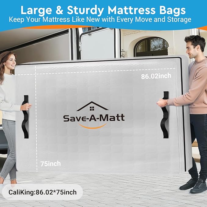 Mattress Bag for Moving and Storage, Extra Thick Mattress Cover with Heavy Duty Handles & Premium Zippers, Waterproof Mattress Storage Bag, Reusable Moving Bag (Cali-King Size)