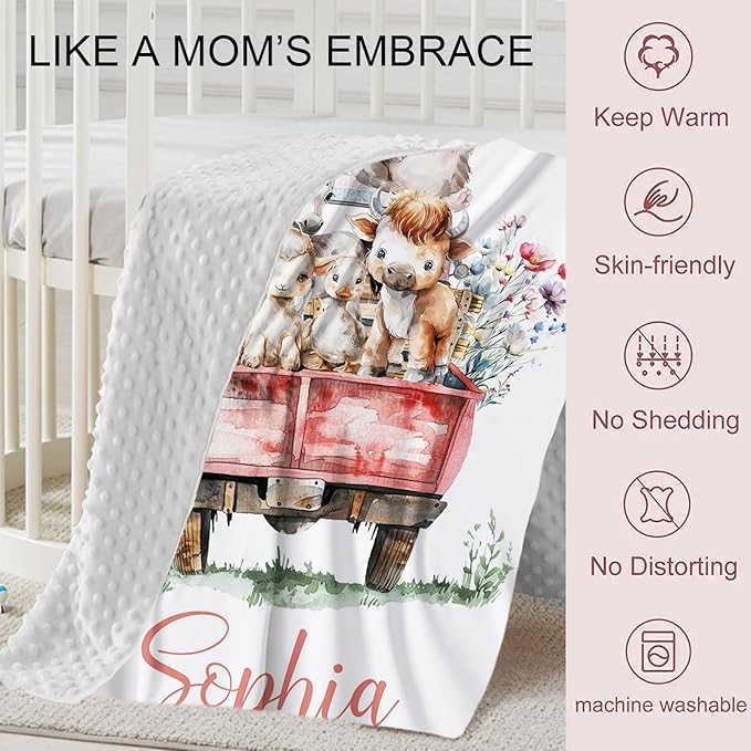 Personalized Baby Crib Bedding Set, Custom Name Animal Truck Theme Baby Bedding 2-Pcs Set-Soft Double Layer Dotted Blanket and Fitted Sheet, Nursery Bedding for Newborn Boys Girls, Perfect Shower Gift