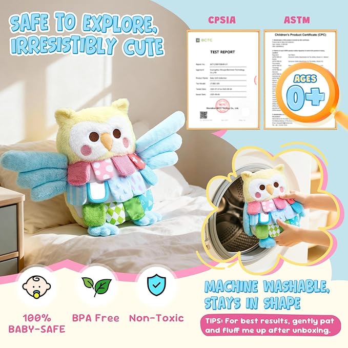 JoyCat Baby Toys for 0-12 Months,13 Inch Sensory Owl Stuffed Animal, Soft Montessori Tummy Time for Infant with Textured Crinkle Mirror, Carseat Toy for Newborn Boys & Girls Birthday Christmas Gifts