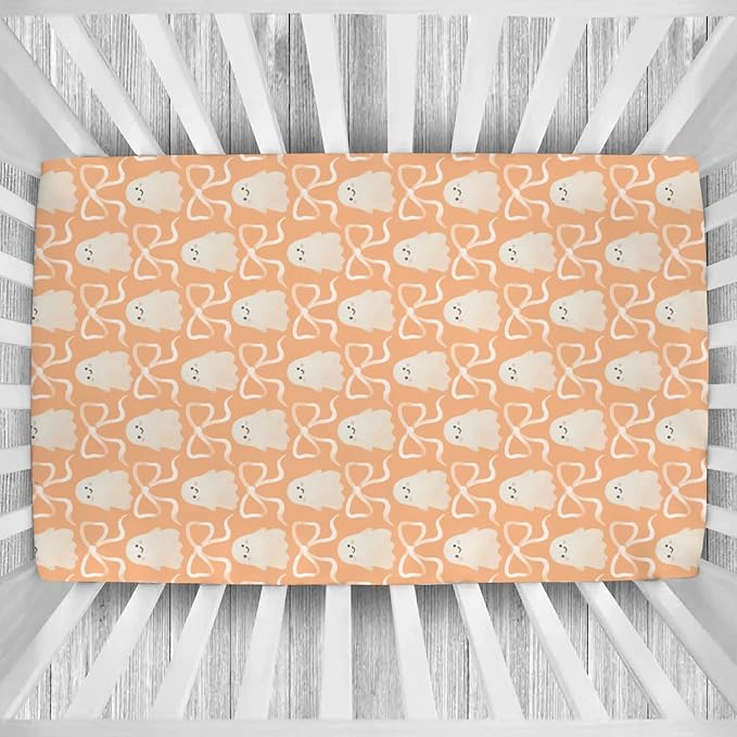 Halloween Spooky Orange Bows Baby Crib Sheets Cute Pastel Bows Soft Crib Sheet Spooky Season Fitted Crib Mattress Cover for Standard Crib and Toddler Mattresses 52"x28"