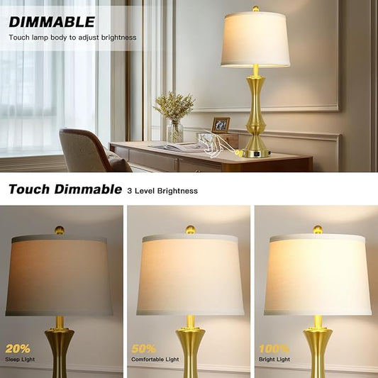luxeflow 29" Tall Gold Table Lamps Set of 2 for Living Room, Touch Control Bedroom Lamps for Nightstand, 3-Way Dimmable Bedside Lamp with USB A+C Port &AC Outlets(2 LED Bulbs Included)