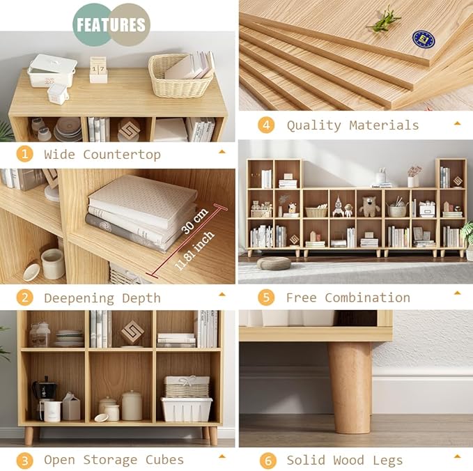 IOTXY Open Cube Low Bookcase - 3-Tier Freestanding Storage Display Cabinet Organizer with Legs for Home Office, 8-Cubes Open Shelf Short Bookshelf, Oak