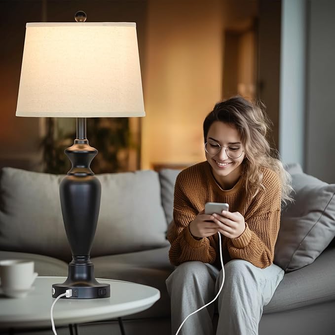 Cinyirong 30" Tall Table Lamps Set of 2, Touch Control Bedside Lamp with USB A+C Ports and AC Outlet, 3-Way Dimmable Modern Metal Nightstand Lamp for Bedroom Living Room, 2 LED Bulbs Included, Black