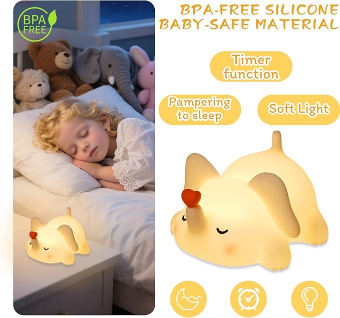 FRDEV Elephant Night Light for Kids, Silicone Squishy Lamp with Touch Control 3-Level Dimmable, Auto-Off Timer, Rechargeable Nursery Light, Baby Gift (Soft White)