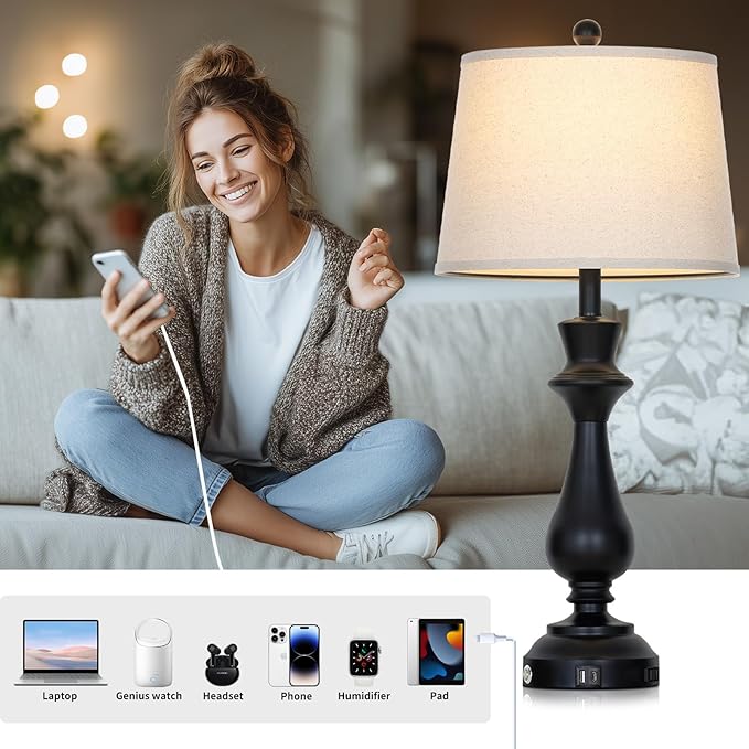 luxeflow Modern Black Table Lamps Set of 2 for Living Room,30" Tall Bedside Lamp with USB Charging Port,3-Way Dimmable Touch Nightstand Lamp for Bedroom Desk Side Table Office,Black
