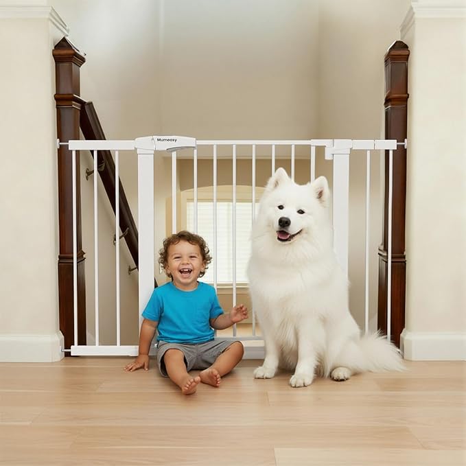 Mumeasy 36" Extra Tall Dog Gate, Auto Close Baby Gate for Stairs Doorways, 29.7-46" Wide Walk Thru Child Safety Gate for House, Easy Install Pressure Mounted Metal Pet Gate with Door, White
