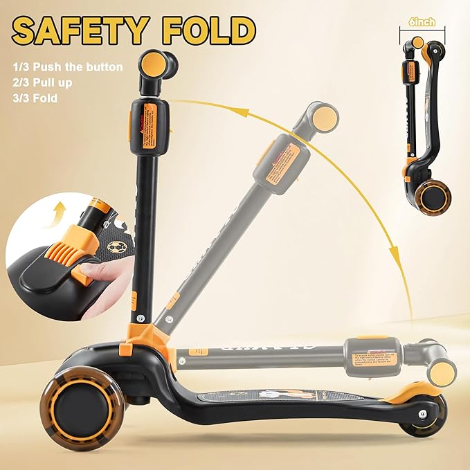 GLAMUP Kids Kick Scooter 3 Wheels, Kids Scooter Height Adjustable Handlebar, Lean-to-Steer System & Easy-Folding Mechanism, Ages 3-14 Boys and Girls
