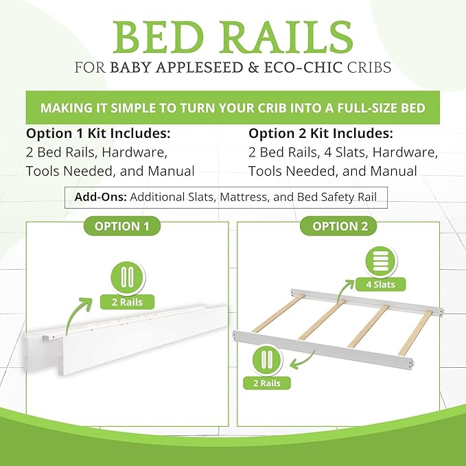 Full-Size Conversion Kit Bed Rails for Baby Appleseed and Eco-Chic Convertible Cribs - Solid Wood Rail - Toddler and Adult Bed Rail for Full-Size Beds - Nursery and Baby Furniture (White, Option 1)