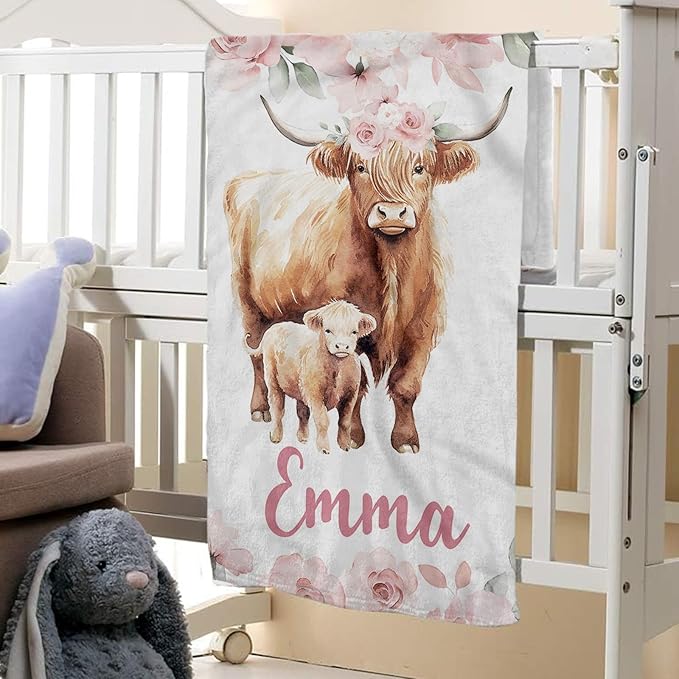 Personalized Baby Crib Bedding Set: 4 Piece Custom Gift Crib Bed Set with Name - Pink Highland Cow Design, Nursery Bedding Set for Baby Girls,Newborn Girls Crib Sets, Crib Bedding Shower Gifts