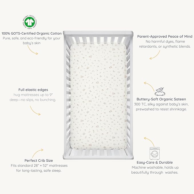Makemake Organics GOTS Certified Organic Cotton Fitted Crib Sheet Soft Breathable (28"x52", Bloom)