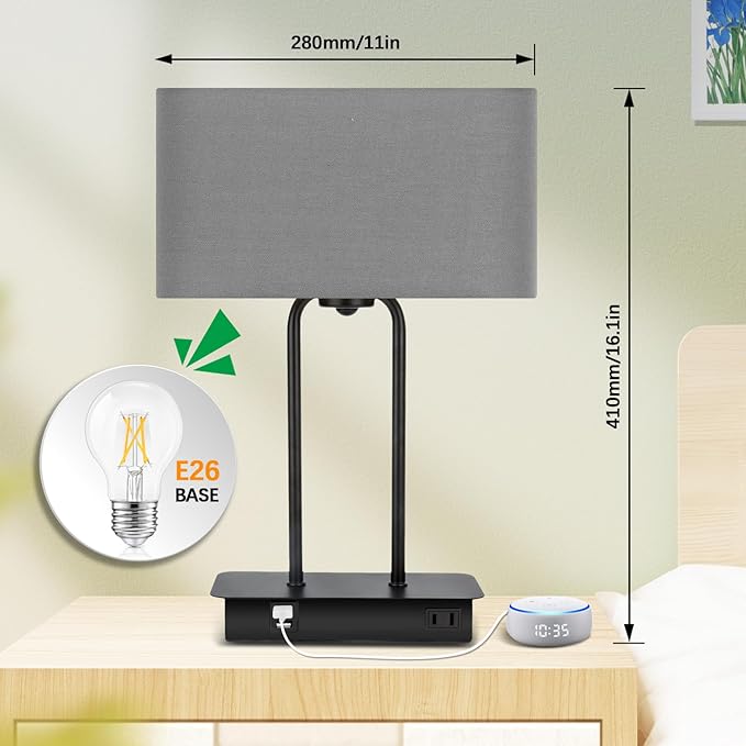 3-Way Dimmable Touch Control Table Lamp with USB Ports and AC Power Outlet Modern Bedside Nightstand Lamp Fabric Shade and Metal Base for Guestroom Bedroom Living Room LED Bulb Included Warm White