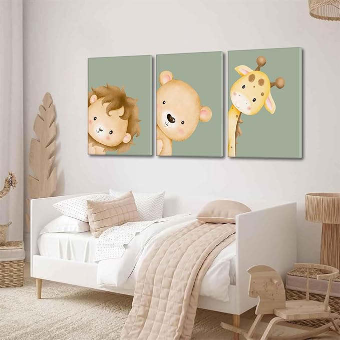 Ekiyuse Nursery Animal Wall Art Safari Animal Neutral Jungle Paintings Pictures Wall Decor Framed Boho Giraffe Lion And Teddy Bear Poster Printing Artwork for Kids Room Boys And Girls Home Decoration