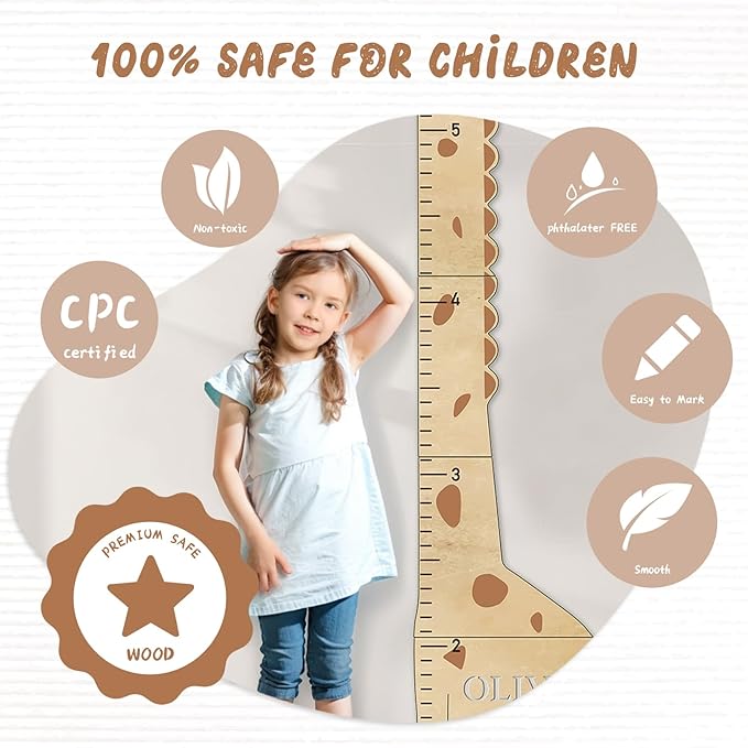 Woodemon Personalized Name Kids Growth Chart for Wall, Cute Giraffe Wooden Growth Chart Kids Height Chart, Wall Measurement for Kids, Height Chart for Wall, Growth Ruler for Children