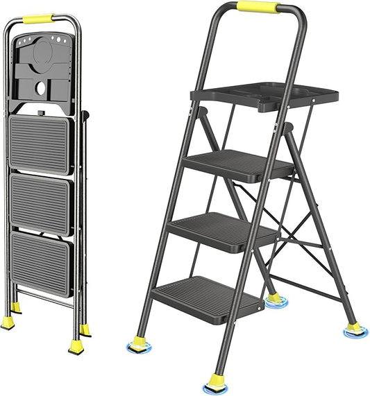DIAMONDFORGE 3 Step Ladder, Folding Step Stool with Tool Platform, Wide Anti-Slip Pedal and Anti-Slip Feet, Sturdiest Steel Construction, 600lbs Capacity Steel Ladder for Home Office, Black Yellow