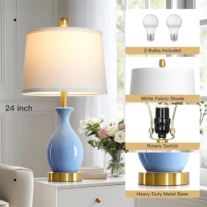 luxeflow 24″ Light Blue Ceramic Table Lamps Set of 2, Modern Classic Bedside Lamps for Bedroom Nightstand, Small Table Lamp for Living Room Side Table (2 LED Bulbs Included)
