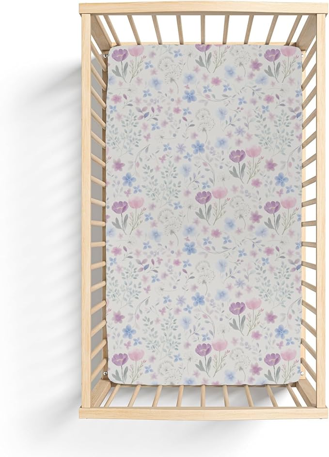 Whimsy Floral Watercolor Baby Crib Sheets for Boy Girl 28"x52" Pink Purple Wildflowers Soft Snug Fitted Crib Mattress Cover Boho Colorful Garden Flowers Baby Sheet for Crib & Toddler Bed Mattresses