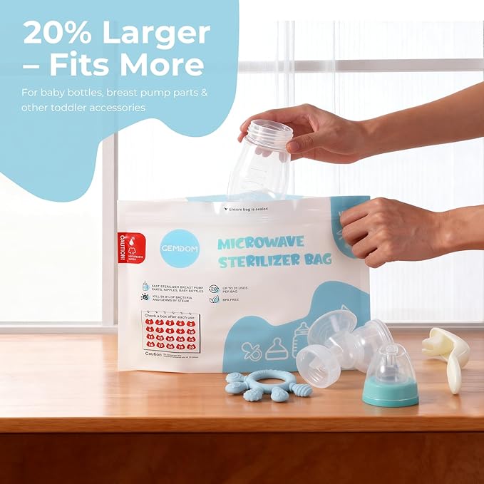 15 Pack Microwave Steam Sterilizer Bags Plus, Large Size for Baby Bottles Soothers, Teethers, Breast Pump Parts, Training Cups and Accessories, 20 Uses Per Bag, Baby Travel Essential