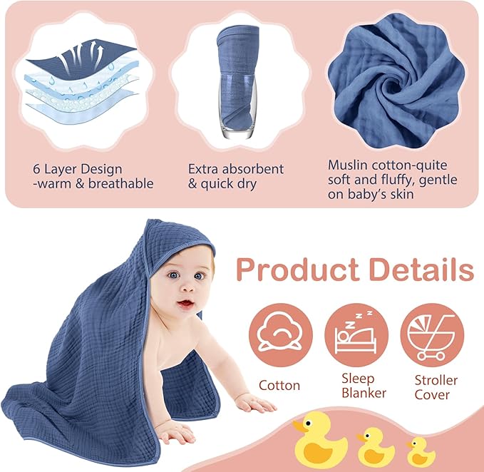 Peryiter 6 Pcs Muslin Hooded Baby Towels, 32x 32'' Cotton Newborn Bath Towel Muslin Infant Baby Blankets Absorbent Unisex Christmas Registry Gift Essentials for Girls Boys (Green and Pink Series)