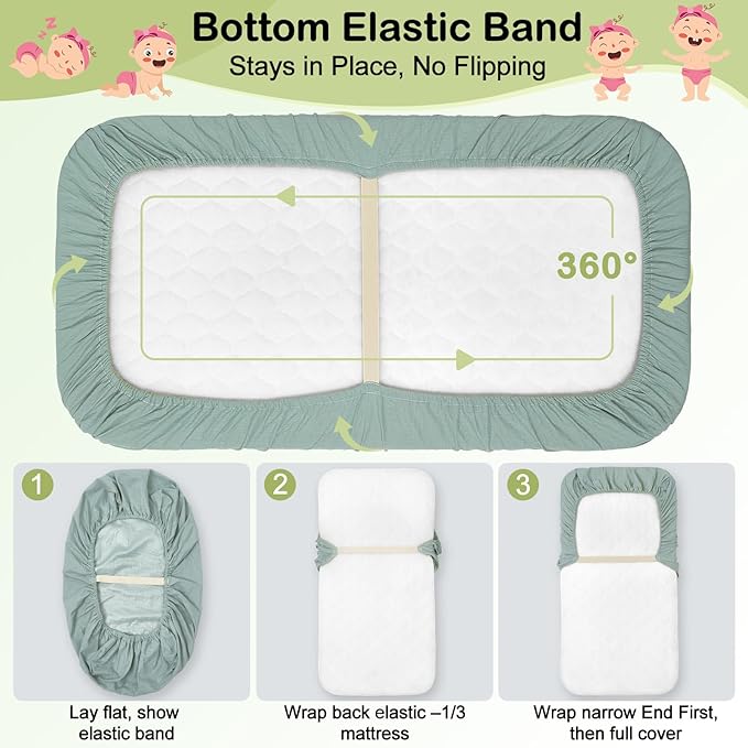 Baby Bassinet Sheets TPU Waterproof 2 Pack Soft Muslin Bedside Bassinet Mattress Sheets with Bottom Elastic Band for Baby Boy Girls Unisex Fit Hourglass Oval and Rectangle, Green Dinosaur