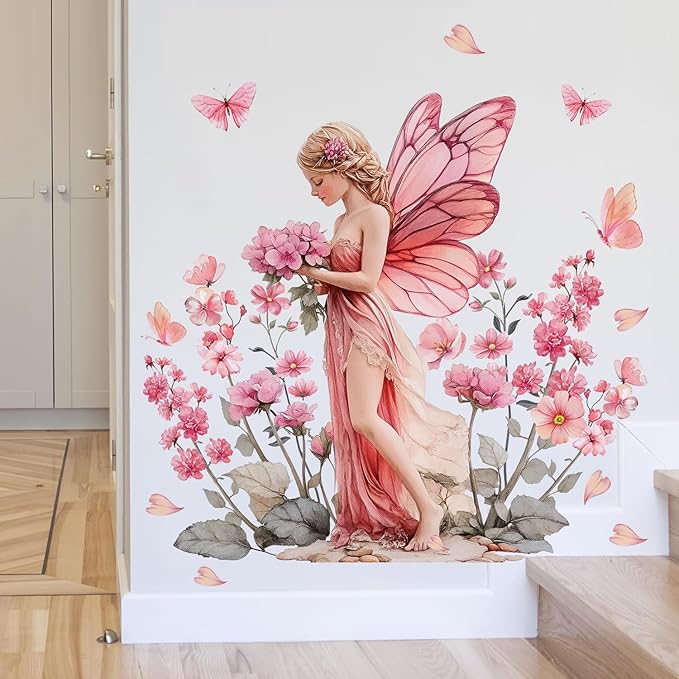 DRWSSR Removable Cartoon Pink Butterfly Elf Girl Decals Fairy Wall Decals DIY Pink Flowers Green Leaf Wall Stickers Peel and Stick for Girls Room Nursery Living Room Bedroom Bathroom Playroom Decor