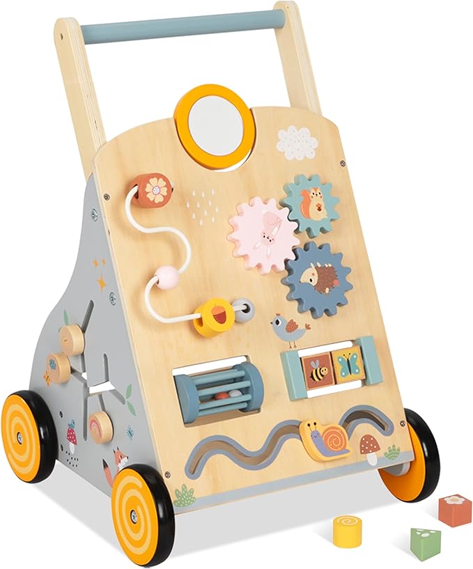 Wooden Baby Walker and Push Toy - Adjustable Height, Montessori Learning Activity Center for Boys and Girls, Toddler Push Walker and Development Toy for Kids 1-3 Years