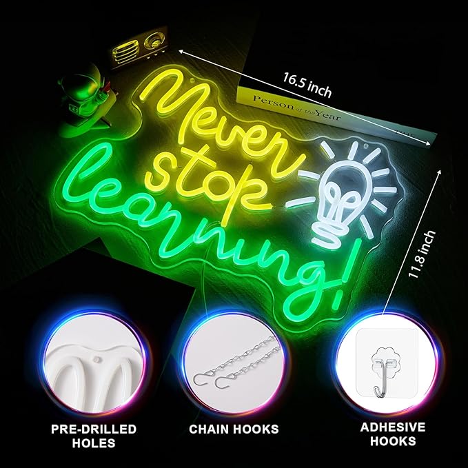 Never Stop Learning Neon Sign Letters neon signs for Wall Decor Dimmable 5V USB Powered Classroom LED Light Sign for Study Office Decoration Education Gifts.(16.5x11.8in)(Yellow, Green, Cool White)