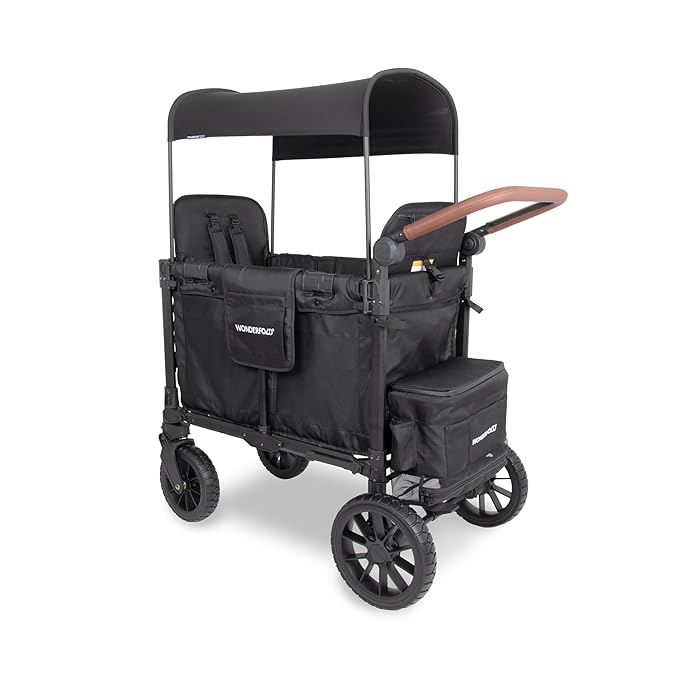 WONDERFOLD W2 Luxe Pro Stroller Wagon (2 Seater) - Collapsible Wagon Stroller with Seats Featuring 5-Point Safety Harnesses and Adjustable Sun Canopy, Jet Black