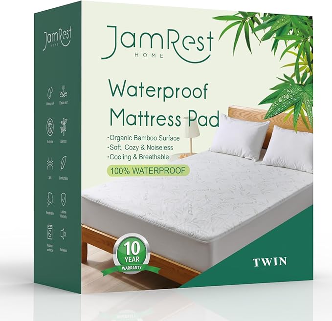 Waterproof Mattress Protector Twin Size, Viscose Cooling Breathable Mattress Cover, Fitted Deep Pocket Mattress Pad Cover Stretches up to 23 Inches, Noiseless Soft Bed Cover