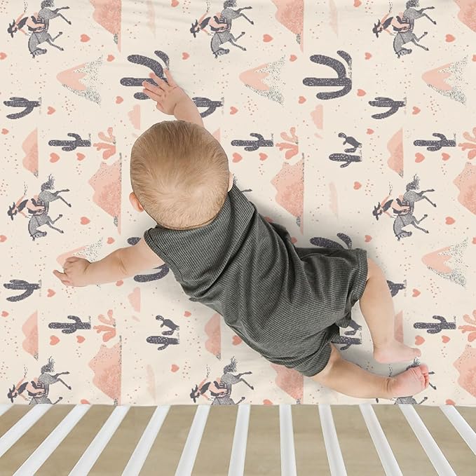 Vintage Western Cowgirl Love Baby Crib Sheets for Boy Girl 28"x52" Retro Cowgirl Horse Cactus Soft Stretchy Fitted Crib Mattress Cover Baby Sheet Fits for Standard Crib and Toddler Mattresses