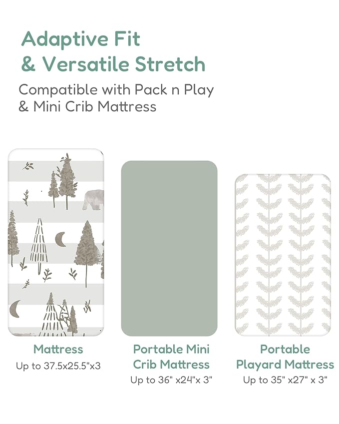 Pack and Play Sheets Fitted, Beige Trees&Leaf Design, Hypoallergenic, Soft and Safe, 2 Pack for Boys and Girls