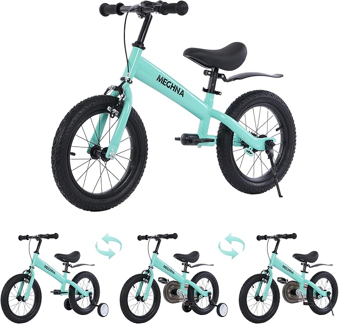 MEGHNA 2 in 1 Toddler Balance Bike 14 inch Wheel Kids Bike Aged 3-7 Years Old with Footrest Detachable Training Wheels Caliper and Coaster Brake Strider Bike for Boys Girls, Easy to Assembly