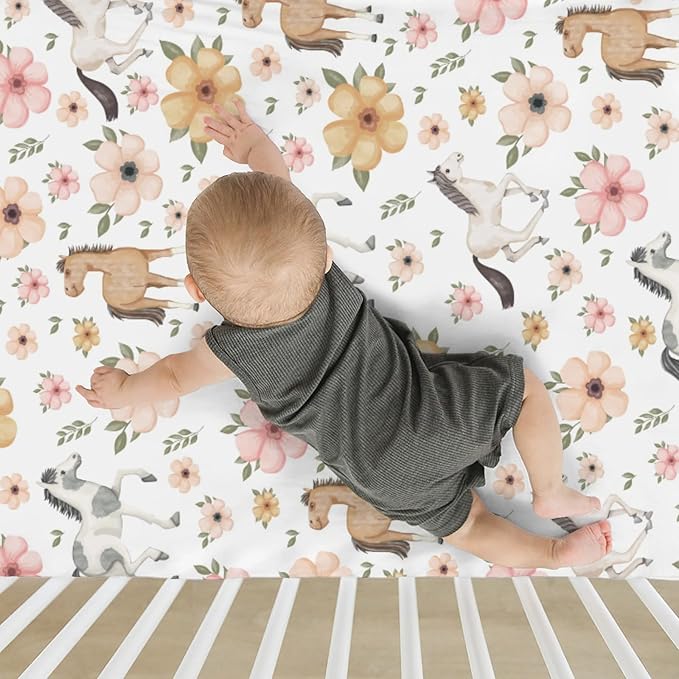 Watercolor Horse Floral Baby Crib Sheets for Boy Girl 52"x28" Running Horses Boho Flowers Soft Snug Fitted Crib Mattress Cover Wild Animals Baby Sheet for Standard Crib & Toddler Bed Mattresses
