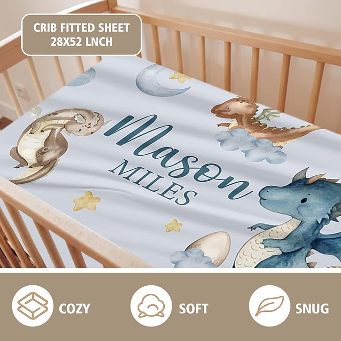 Personalized Crib Bedding Set for Boys Girls, Custom Baby Crib Sets with Name, Blue Dinosaur Design Nursery Bedding 2 Piece - Soft Blanket with Double Layer Dotted Backing, Crib Fitted Sheet