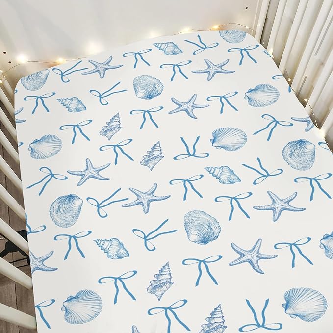 Summer Conches Bows Sea Baby Crib Sheets for Boy Girl 52"x28" Ocean Seashells Beach Soft Snug Fitted Crib Mattress Covers Boho Nautical Life Baby Sheet for Standard Crib and Toddler Bed Mattress