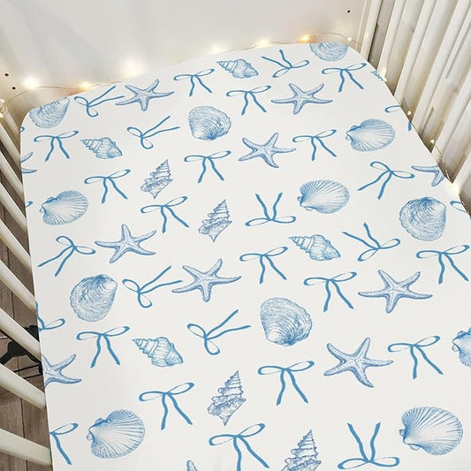 Summer Conches Bows Sea Baby Crib Sheets for Boy Girl 52"x28" Ocean Seashells Beach Soft Snug Fitted Crib Mattress Covers Boho Nautical Life Baby Sheet for Standard Crib and Toddler Bed Mattress