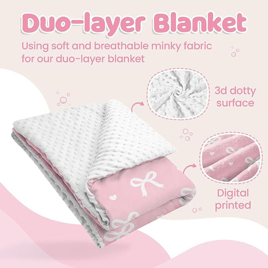 Bow Minky Baby Blanket 30 x 40 Inches for Girls, Soft Plush Receiving Blanket with Dotted Back, Gift for Toddler Newborn Infant Christmas Birthday Baby Shower