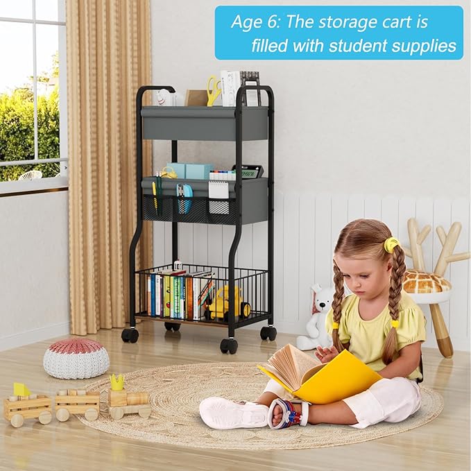 NEYCIL 3-tier Baby Diaper Caddy Organizer and Storage Cart with 4+3 Dividers, Metal Utility Cart with Lockable Wheels for Nursery, Bedroom, Bathroom, Black