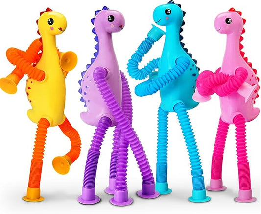 4Pcs Dinosaur Valentines Day Gift for Kids Airplane Travel Toys for Toddlers Kid Boys Girls Sensory Suction Tube ADHD Autism Road Trip Car Activities Essential Chirstmas Stocking Stuffers Gifts