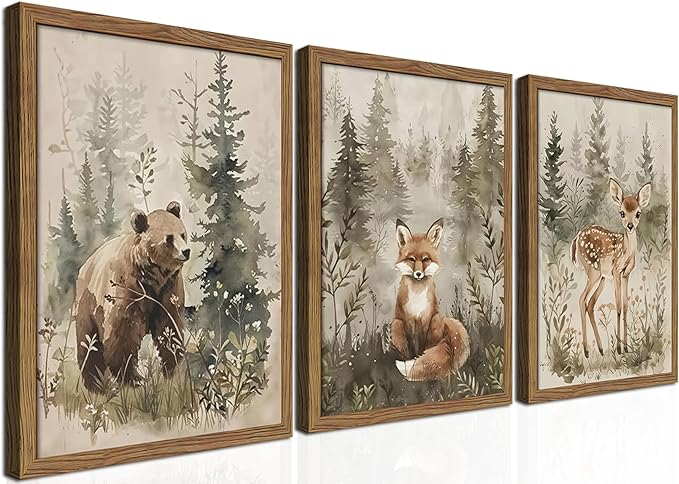 Framed Woodland Wall Art Nursery Decor Set of 3, Cute Wild Animals Bear Fox Deer Canvas Wall Art, Nature Watercolor Prints, Animal Pictures Wall Decor for Baby Room Kids Bedroom – 12x16 inch