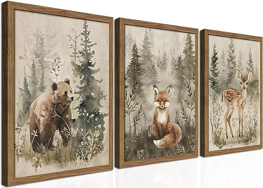 Framed Woodland Wall Art Nursery Decor Set of 3, Cute Wild Animals Bear Fox Deer Canvas Wall Art, Nature Watercolor Prints, Animal Pictures Wall Decor for Baby Room Kids Bedroom – 16x24 inch